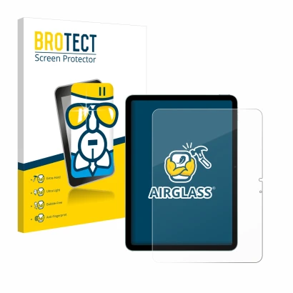 Front side of a product packaging with the brand logo BROTECT. Next to it is the device Apple iPad Air 11" M2 2024 shown with