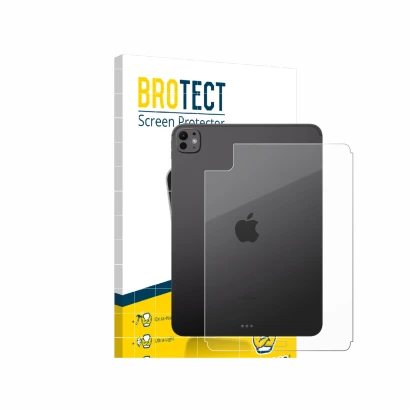 Front side of a product packaging with the brand logo BROTECT. Next to it is the device Apple iPad Pro 11" 2024 (Back) shown w