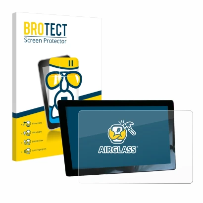 Front side of a product packaging with the brand logo BROTECT. Next to it is the device John Deere G5 Universal 10.1" shown wi