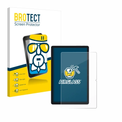 Front side of a product packaging with the brand logo BROTECT. Next to it is the device Blackview Tab 80 shown with the corres