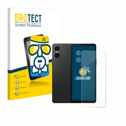 Front side of a product packaging with the brand logo BROTECT. Next to it is the device Sony Xperia 10 VI (Front+Camera) shown