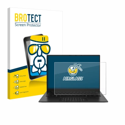 Front side of a product packaging with the brand logo BROTECT. Next to it is the device ASUS ZenBook 14 OLED UM3406 shown with