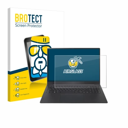 Front side of a product packaging with the brand logo BROTECT. Next to it is the device LG gram Pro 16 2024 shown with the cor