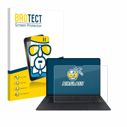 Front side of a product packaging with the brand logo BROTECT. Next to it is the device Huawei MateBook X Pro 2024 shown with 