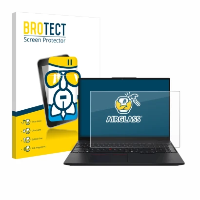 Front side of a product packaging with the brand logo BROTECT. Next to it is the device Lenovo ThinkPad L16 Gen 1 shown with t