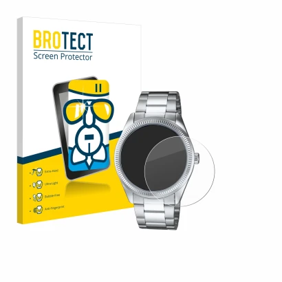 Front side of a product packaging with the brand logo BROTECT. Next to it is the device Casio MTP-1302PD shown with the corres