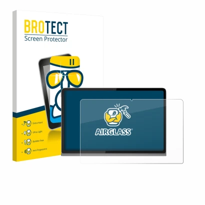 Front side of a product packaging with the brand logo BROTECT. Next to it is the device Lenovo Tab Plus shown with the corresp