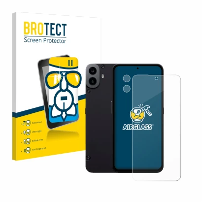 Front side of a product packaging with the brand logo BROTECT. Next to it is the device Nothing CMF Phone 1 (Front+Camera) sho