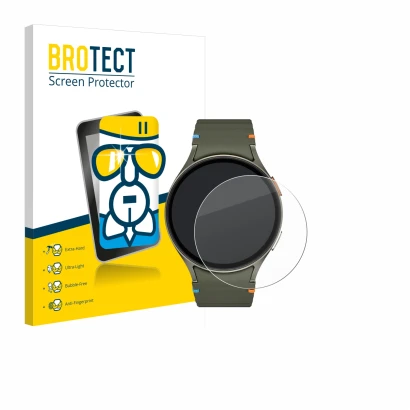 Front side of a product packaging with the brand logo BROTECT. Next to it is the device Samsung Galaxy Watch 7 (44 mm) shown w