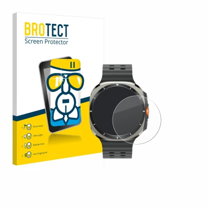 Front side of a product packaging with the brand logo BROTECT. Next to it is the device Samsung Galaxy Watch Ultra (47 mm) sho