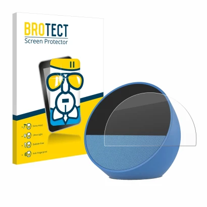 Front side of a product packaging with the brand logo BROTECT. Next to it is the device Amazon Echo Spot 2024 shown with the c