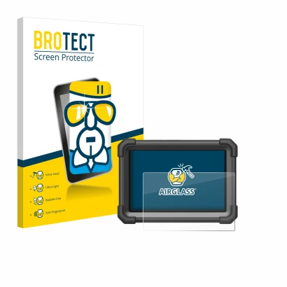 Front side of a product packaging with the brand logo BROTECT. Next to it is the device Launch X-431 Pro Dyno shown with the c