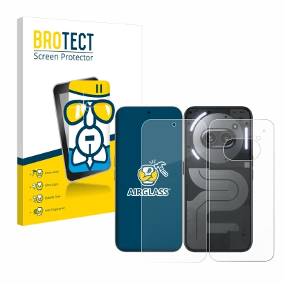 Front side of a product packaging with the brand logo BROTECT. Next to it is the device Nothing Phone (2a) Plus (Front+Back) s