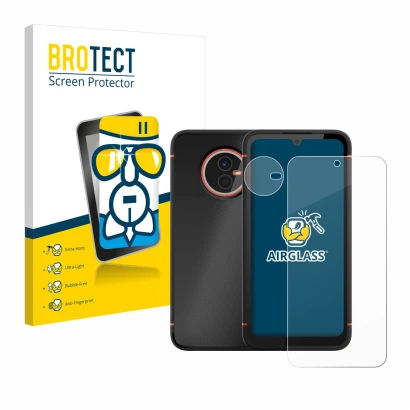 Front side of a product packaging with the brand logo BROTECT. Next to it is the device Gigaset GX4 Pro (Front+Camera) shown w