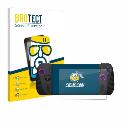 Front side of a product packaging with the brand logo BROTECT. Next to it is the device ASUS ROG Ally X (2024) shown with the 