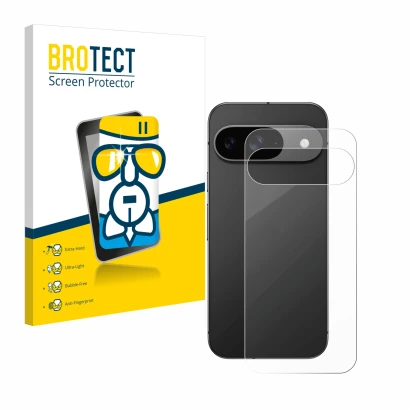 Front side of a product packaging with the brand logo BROTECT. Next to it is the device Google Pixel 9 (Back) shown with the c
