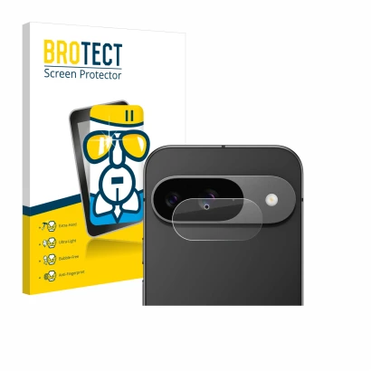 Front side of a product packaging with the brand logo BROTECT. Next to it is the device Google Pixel 9 (ONLY Camera Lens) show