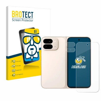 Front side of a product packaging with the brand logo BROTECT. Next to it is the device Google Pixel 9 Pro Fold (Front+Camera)