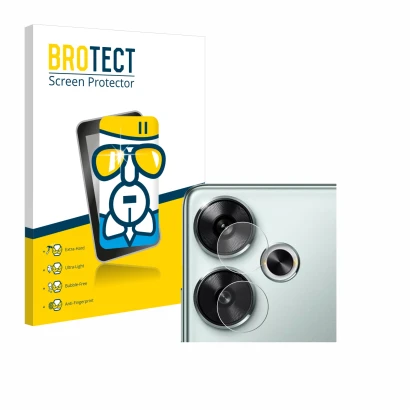 Front side of a product packaging with the brand logo BROTECT. Next to it is the device Xiaomi Poco F6 (ONLY Camera Lens) show