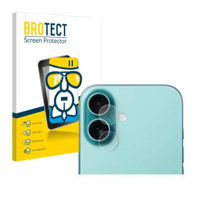 Front side of a product packaging with the brand logo BROTECT. Next to it is the device Apple iPhone 16 (ONLY Camera Lens) sho