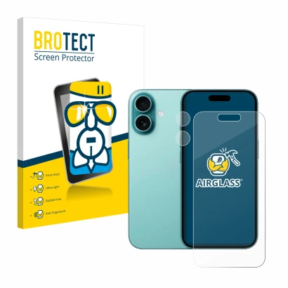 Front side of a product packaging with the brand logo BROTECT. Next to it is the device Apple iPhone 16 (Front+Camera) shown w