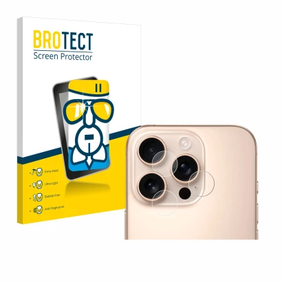 Front side of a product packaging with the brand logo BROTECT. Next to it is the device Apple iPhone 16 Pro Max (ONLY Camera L