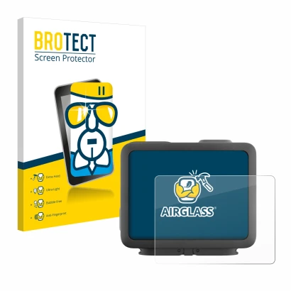 Front side of a product packaging with the brand logo BROTECT. Next to it is the device GoPro Hero 4k shown with the correspon