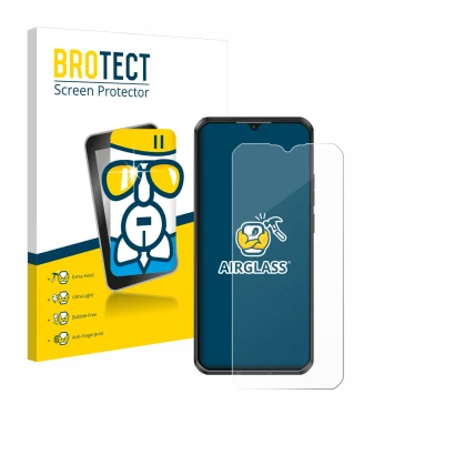 Front side of a product packaging with the brand logo BROTECT. Next to it is the device Oukitel WP50 shown with the correspond
