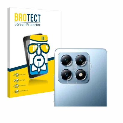 Front side of a product packaging with the brand logo BROTECT. Next to it is the device Xiaomi 14T Pro (ONLY Camera Lens) show