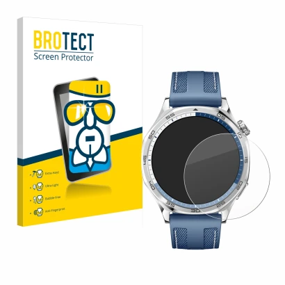 Front side of a product packaging with the brand logo BROTECT. Next to it is the device Huawei Watch GT 5 (46 mm) shown with t