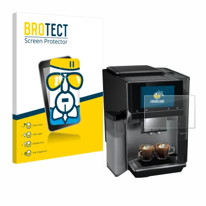 Front side of a product packaging with the brand logo BROTECT. Next to it is the device Siemens EQ700 shown with the correspon