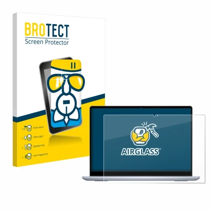 Front side of a product packaging with the brand logo BROTECT. Next to it is the device Dell Inspiron 14 7445 2-in-1 shown wit