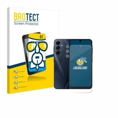Front side of a product packaging with the brand logo BROTECT. Next to it is the device Samsung Galaxy A16 5G (Front+Camera) s