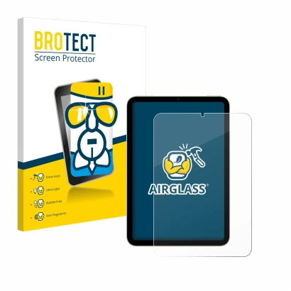 Front side of a product packaging with the brand logo BROTECT. Next to it is the device Apple iPad Mini 7 WiFi 2024 shown with