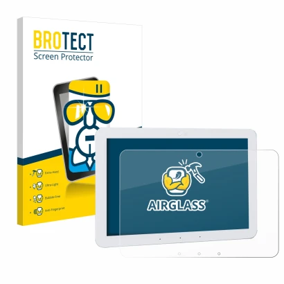Front side of a product packaging with the brand logo BROTECT. Next to it is the device Amazon Echo Hub 8" shown with the corr