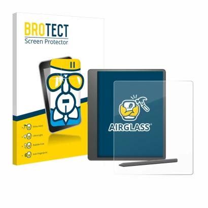 Front side of a product packaging with the brand logo BROTECT. Next to it is the device Amazon Kindle Scribe 2024 shown with t