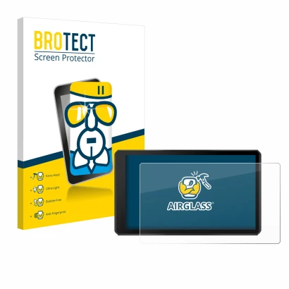 Front side of a product packaging with the brand logo BROTECT. Next to it is the device Garmin Tread 2 Powersport 6" shown wit