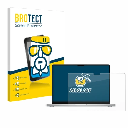 Front side of a product packaging with the brand logo BROTECT. Next to it is the device Apple MacBook Pro 14