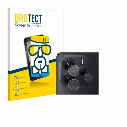 Front side of a product packaging with the brand logo BROTECT. Next to it is the device Xiaomi Redmi Note 14 (ONLY Camera Lens