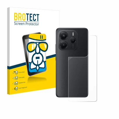 Front side of a product packaging with the brand logo BROTECT. Next to it is the device Xiaomi Redmi Note 14 (Back) shown with