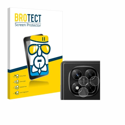 Front side of a product packaging with the brand logo BROTECT. Next to it is the device Xiaomi Redmi Note 14 Pro (ONLY Camera 