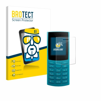 Front side of a product packaging with the brand logo BROTECT. Next to it is the device Nokia 105 4G 2nd Edition shown with th