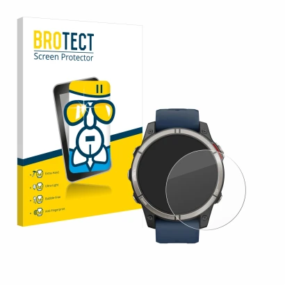 Front side of a product packaging with the brand logo BROTECT. Next to it is the device Garmin quatix 7 Pro shown with the cor