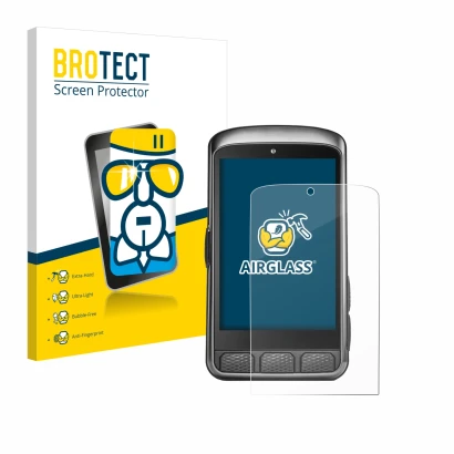 Front side of a product packaging with the brand logo BROTECT. Next to it is the device Wahoo Elemnt ACE shown with the corres