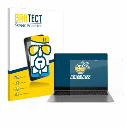 Front side of a product packaging with the brand logo BROTECT. Next to it is the device Samsung Galaxy Book5 Pro 16" shown wit