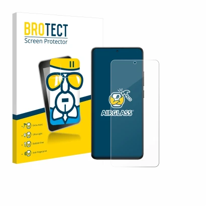 Front side of a product packaging with the brand logo BROTECT. Next to it is the device Xiaomi Poco X7 Pro shown with the corr