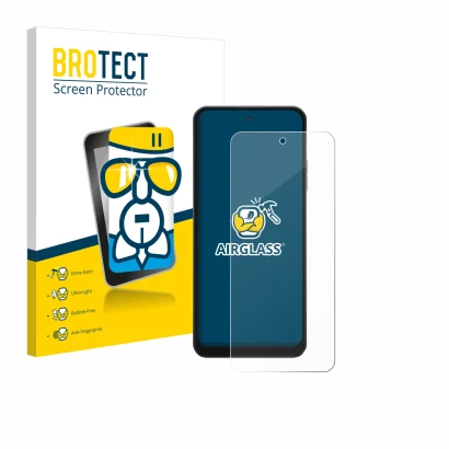 Front side of a product packaging with the brand logo BROTECT. Next to it is the device Hotwav Note 13 Max shown with the corr