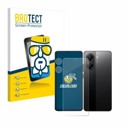 Front side of a product packaging with the brand logo BROTECT. Next to it is the device Xiaomi Poco X7 Pro (Front+Camera) show