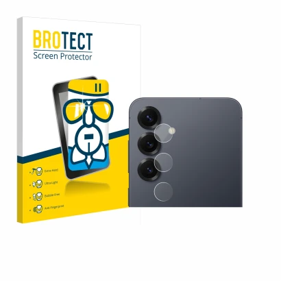 Front side of a product packaging with the brand logo BROTECT. Next to it is the device Samsung Galaxy S25 (ONLY Camera Lens) 