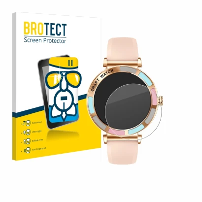 Front side of a product packaging with the brand logo BROTECT. Next to it is the device Braidol Smartwatch 1.27" shown with th